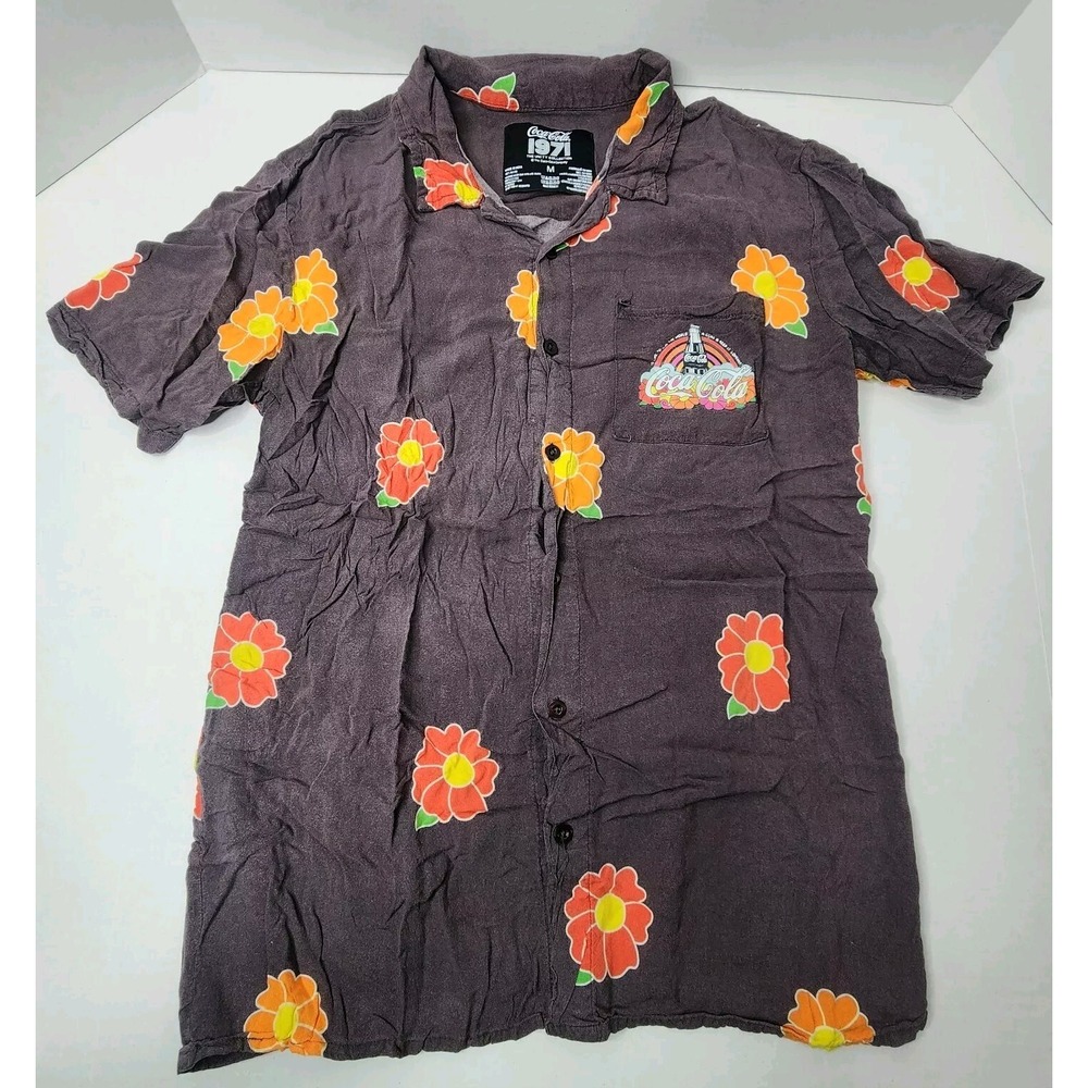 Coca-Cola 1971 The Unity Collection Button Up Brown Hawaiian Flowers Pocket Logo